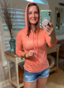 Sheer Hoodie Top Medium Orange Burnout Drawstring Tissue Long Sleeve Peach Sexy - Picture 1 of 4