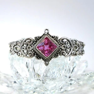 Sarda Sterling Silver & Magenta Lab Created Sapphire Cuff Bracelet - Picture 1 of 10