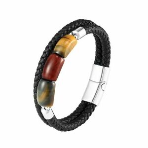 Men Bracelet Braided Genuine Leather Stainless Steel Classic Charm Magnetic Clas