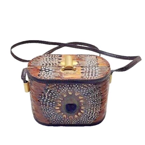 Vintage Pfauenfeder Messing Handtasche Umhängetasche Crossbody Comeco Boho - Bild 1 von 9