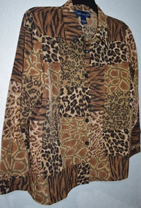 Susan Graver Large Shirt Button Front Animal Mix Print Long Sleeve Blouse Top - Picture 1 of 14