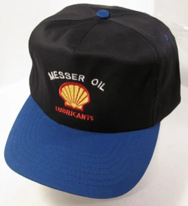 Messer Lubricants Hat Men Black Adjustable Vtg Blue Cap Shell Gas & Oil Logo New - Picture 1 of 8