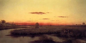 Ｏｉｌ Martin Johnson Heade - Duck Hunters in a Twilight Marsh landscape in sunset - Picture 1 of 1