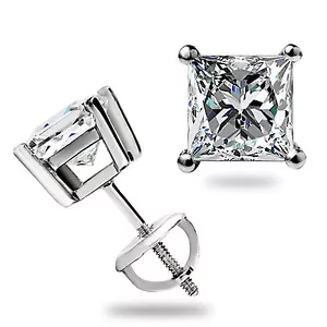 1.55Ct Princess Cut GRA MOISSANITE Studs Earrings 14K White Gold Screw Back Gift - Picture 1 of 14
