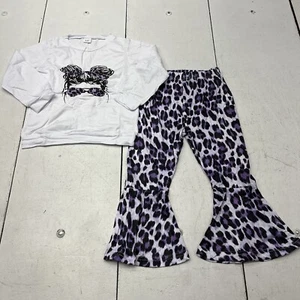 Purple White Leopard Print 2-Piece Outfit Set Shirt Flare Pants Girls Size 4-5 Y - Picture 1 of 15