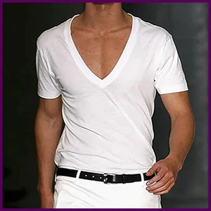 2025 Neu Herren T-Shirt Basic Weiß Tiefer V-Ausschnitt Baumwolle Kurzarm T-Shirt - Bild 1 von 27