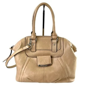 B. Makowsky Leather Handbag Shoulder Strap Storage Pockets Neutral Tan Purse - Picture 1 of 16