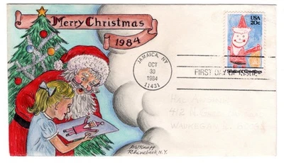 #2108 Christmas Santa Claus Dorothy Knapp Hand Painted 1984 FDC - Jamaica NY - Image 1 of 2
