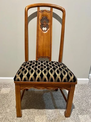 THOMASVILLE Mystique Asian Chinoiserie Chairs, Set of 6, Black/Gold Fabric, Rare - Image 1 of 4