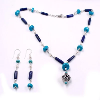 Set orecchini collana fatti a mano perle turchese e lapislazzuli gioielli... - Immagine 1 di 4