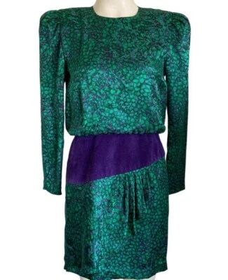 Mini Vestido de Cóctel Blusa Leopardo Verde Púrpura Años 80 Cuero Seda Talla 4 Foto 1 de 4