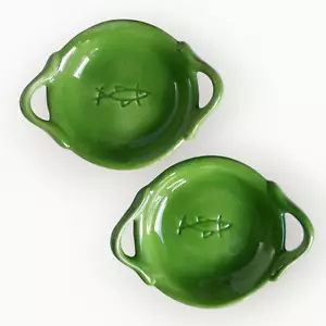 Pottery Barn Paella Handled Dish 2pc Green Fish Design Ceramic 5in Tapas Sauce - Picture 1 of 8