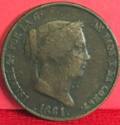 1861 SPAIN SEGOVIA REINA ISABEL II COPPER 25 CENTIMOS DE REAL  - Image 1 of 2