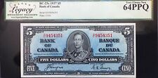 1937 Bank of Canada $5 Dollar "CHOICE UNC" Bill / Banknote "Legacy 64 PPQ"