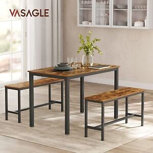 Vasagle Dining Table with 2 Benches Kitchen Furniture Set Rustic Brown and Black