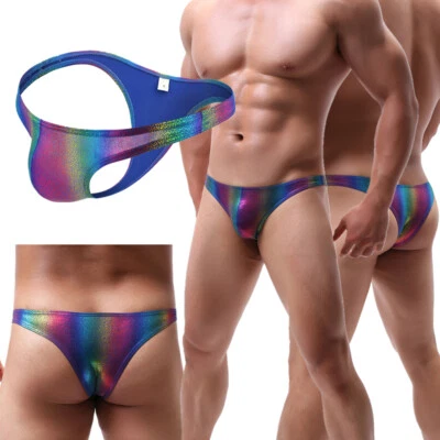 Herren Sexy Streifen Niedrig Bund G-String Metallic Bikini Slip Glänzend Tanga Bademode - Bild 1 von 4