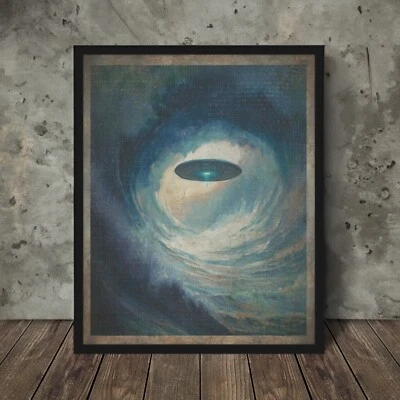 Vintage UFO NAUTICAL Wall Art, Sci-fi Alien Ocean Wave Decor, Sea Cryptid Poster - Image 1 of 4