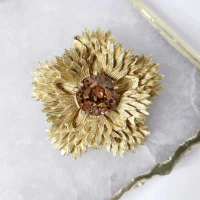 Benedikt NY Womens Brooch Brutalist Gold-Tone Starburst Topaz Brown Vtg Pin-Read - Image 1 of 4