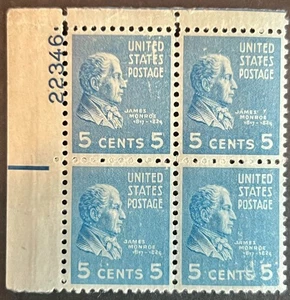 Scott#: 810 - Prexie Series: James Monroe 5¢ 1938 BPE Plate Block MNHOG - Bild 1 von 1