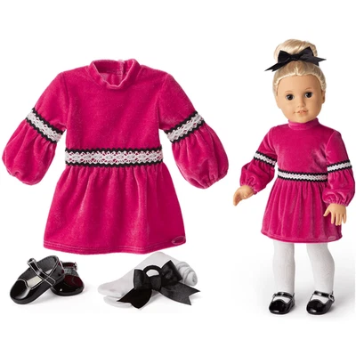 American Girl Julie Conjunto de Navidad Años 70 Terciopelo Vestido Pelo Moño Medias Zapatos Nuevo Foto 1 de 4