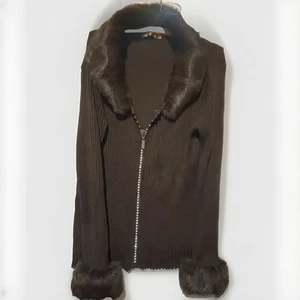 Cárdigan suéter tejido vintage Belldini para mujer 3XL marrón cuello/muñecas de piel sintética - Imagen 1 de 4