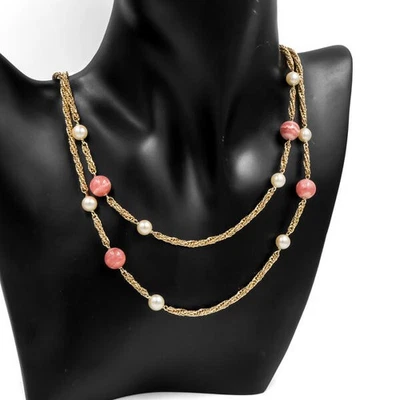 Kette Collier mit Rosenquarz und Perlen aus 585 14kt Gelbgold Pearl Länge 88 cm - Bild 1 von 4