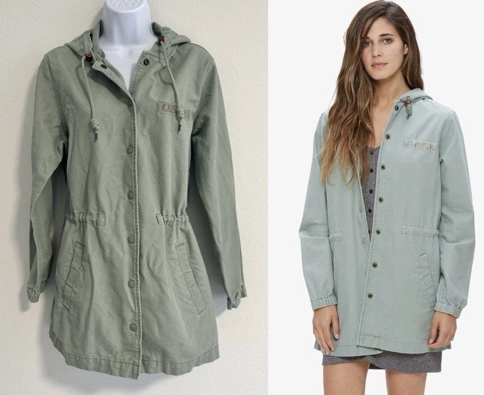 OBEY Women’s Mint Sage Green Parka Lightweight Button Down Hooded Jacket Sz M - Image 1 of 4