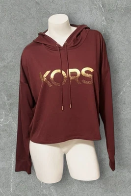 NOVO COM ETIQUETAS MICHAEL KORS CROPPED LOGOTIPO MOLETOM COM CAPUZ CRANBERRY TAMANHO XL MSRP $110.00 - Imagem 1 de 4