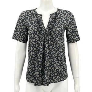 Ann Taylor Top Womens XS Navy Micro Dark Floral Ruffle Pleat V-Neck Office Boho - Picture 1 of 8