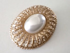 Vintage Brooch 1980s Art Deco design VGC gold plated pearl & diamante crystal
