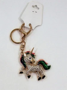 Unicorn Key Chain Gold-Tone Metal Keyring Rhinestone Sparkle Key Ring Clip - Picture 1 of 3