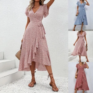 Boho Damen Blumen Sommerkleid Wickelkleid A-Linie Swing Midikleid Freizeitkleid - Bild 1 von 23
