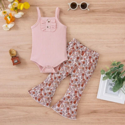 Newborn Baby Girls Romper Tops Floral Pants Outfits Set Tracksuit Party Clothes - Image 1 of 4