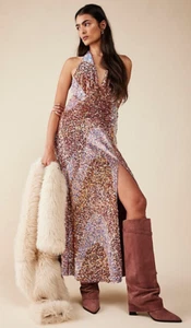 Free People Glitter & Gold Sequin Velvet Midi Dress M UK 12/14 - Picture 1 of 16
