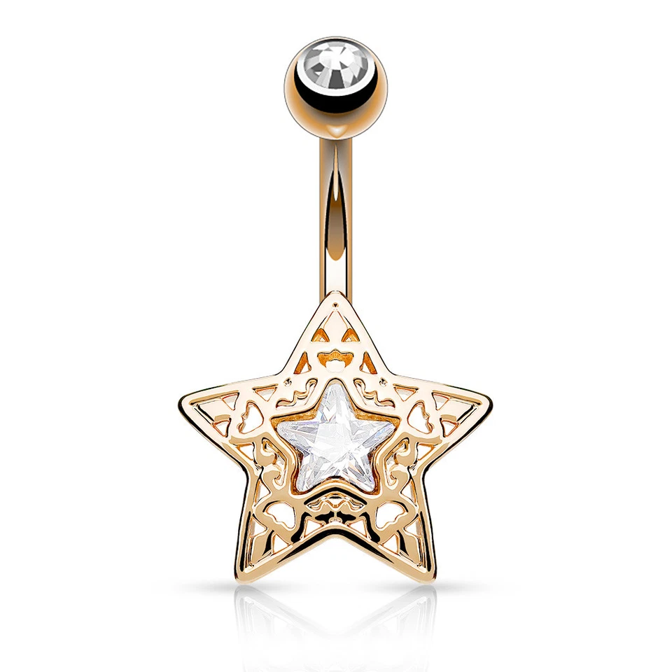 Anillos para ombligo de acero quirúrgico estrella filigrana centrada de 1 circonita cúbica B549 Foto 1 de 1