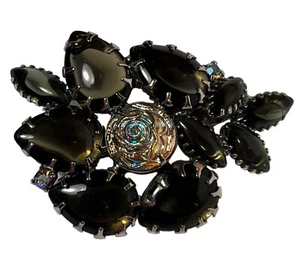 VTG Carnival Smokey Molded Glass Rose Rhinestone Aurora Brooch Pin Schiaparelli? - Picture 1 of 12