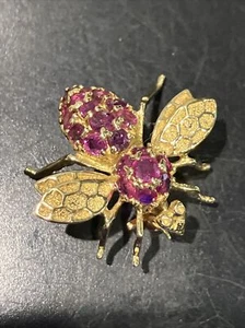 14k Gold Bumble Bee Brooch With Rubies& Detailed Wings See Photos - Picture 1 of 5
