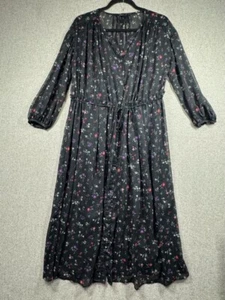 UNiqlo Dress C Claire Women Sz Large Black Floral CHIFFON pleated Sheer No Liner - Picture 1 of 13