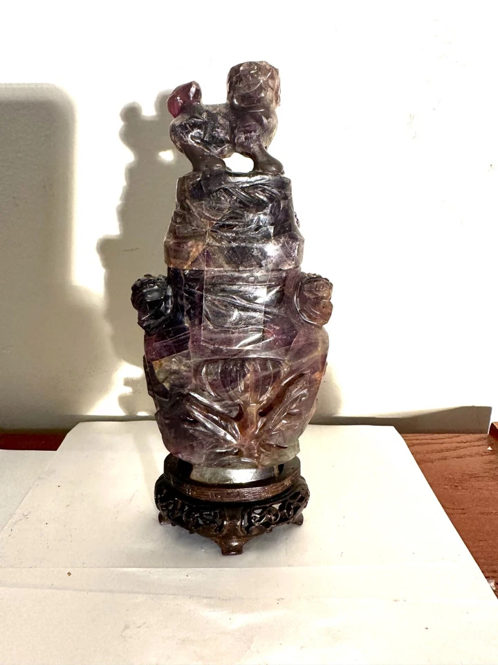 中国古董深雕花瓶,带盖支架 — 第 1/4 张图片