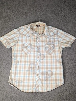 Arizona Shirt Large Pearl Snap Button Short Sleeve Pockets Mens Skull Plaid  - Image 1 of 4