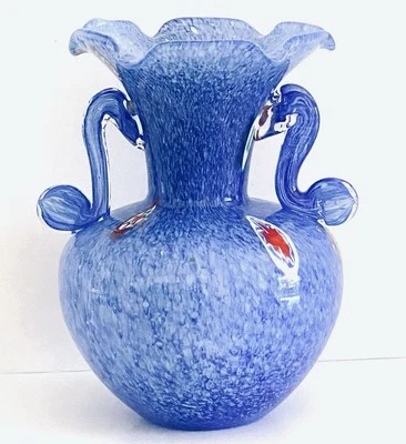 Vtg Blue Muti Color Murano Millefiori Italian Blown Glass Vase Applied Handles - Image 1 of 4