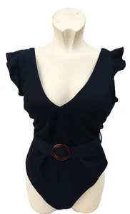 Black Ruffle Swimsuit New Look Scoop Non Wired Belted Swimming Costume Size 18 - Picture 1 of 22