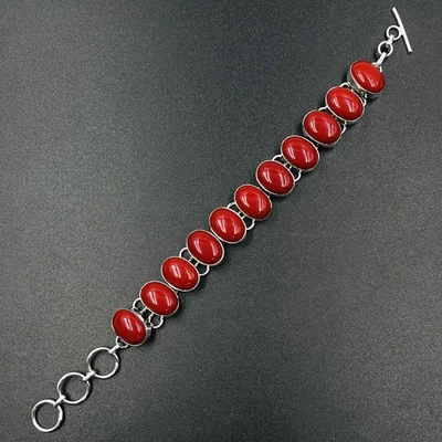 Pulsera de cadena de joyería hecha a mano de piedras preciosas de coral rojo natural de plata de ley 925 Foto 1 de 4