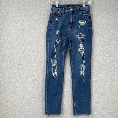 Aeropostale Jeans Womens 00 Blue Mom Jean Distressed Raw Hem Med Wash Denim - Image 1 of 4