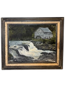 Dipinto olio mulino ruota ad acqua 1972 di Norma Feldkamp con edificio in pietra 26 x 22" - Foto 1 di 4