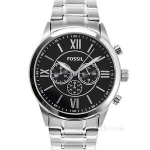 FOSSIL Flynn Mens Chronograph Watch Large Black Dial Silver Stainless Steel Band