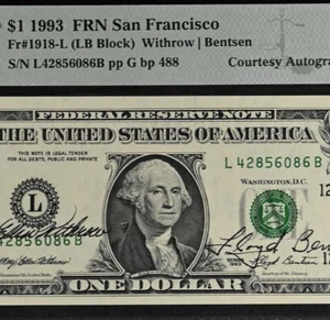 1993 $1 Federal Reserve Note - PMG 63EPQ - Dual Autograph - Withrow / Bentsen - Picture 1 of 3