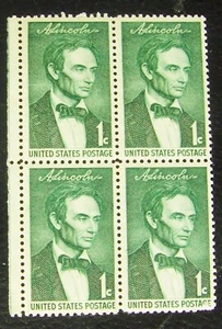 Block of 4 US 1c stamp SC #1113, Beardless Abraham Lincoln MNH 1958 - Picture 1 of 3