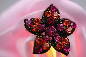 Vintage Pin Brooch Red Pink Crystals Flower Design - Picture 1 of 5