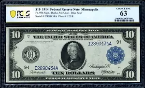 Large Size US Paper Money 1914 FRN Minneapolis $10 Federal Reserve PCGS CU 63 - Picture 1 of 2